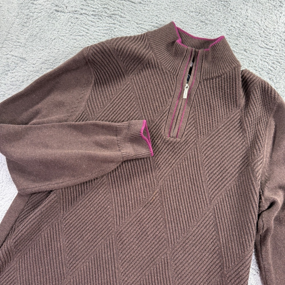 Tommy Bahama Quarter Zip Sweater Mens Medium Brown Cotton Cashmere Diamond Knit
